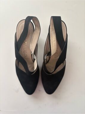 Maraolo Italian Black Pointed Slingback Heels with Crisscross Straps